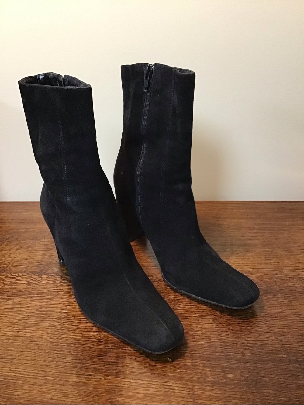 DKNY Black Suede Mid-Calf Heeled Ankle Boots
